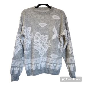 Vintage Alicia Women's Acrylic Knit Sweater Sz M Heather Gray/White Cottagecore